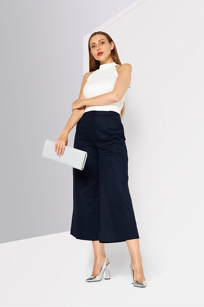 Lacoste Women Regular Fit Solid Wide Leg Trouser, Dark Navy