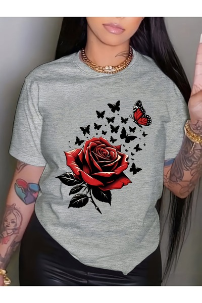 GALASHOP تي شيرت نسائي برقبة دائرية وطبعة وردية