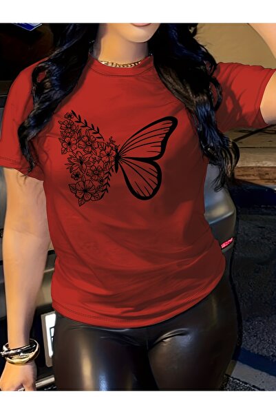 GALASHOP طاقم الرقبة فراشة مطبوعة قصيرة الأكمام تي شيرت