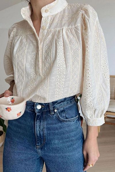 bacc Women's Ecru Scallop Detail Half Button Shirt Bceq- 255018