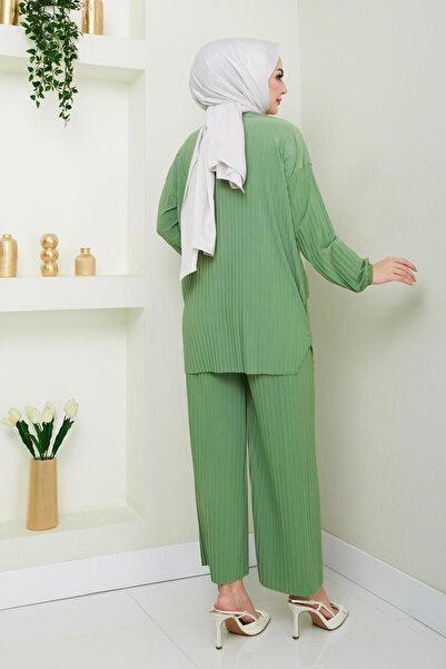 Bold Grup Women's Sandy Full Pleated Loose Tunic Pants Hijab Double Set