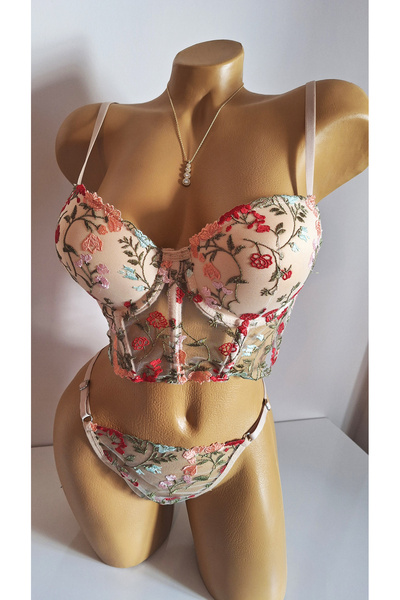 ARONA N&b Ten Rengi Dolgulu Brode Büstiyer Push Up Seksi Sütyen Takım