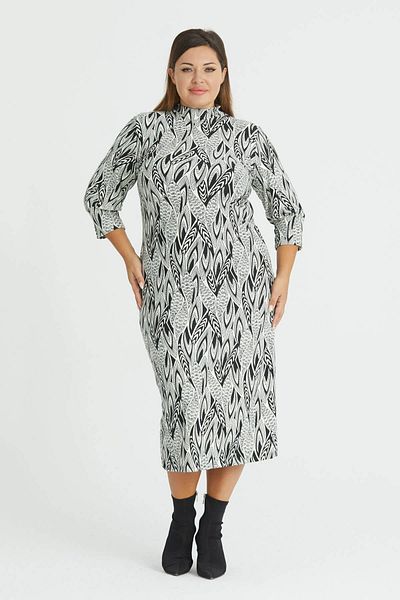 Mooi XXL Women's Black and White Asymmetrical Leaf Pattern Half Turtleneck Plus Size Slit Flexible Suede Dress