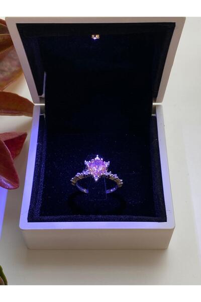 Siset Gümüş 925 Ayar  Pembe Taşlı Lotus Aşk Güneşi Gümüş Yüzük