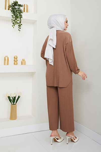 Bold Grup Women's Sandy Full Pleated Loose Tunic Pants Hijab Double Set