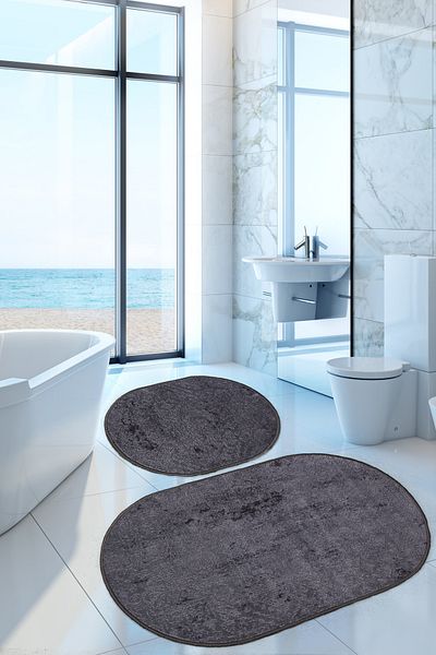 Dokumacıoğlu Nova Anthracite Oval 60x100 + 50x60 cm Σετ 2 Πατάκια Μπάνιου Αντιολισθητική Βάση Σετ Τουαλέτας