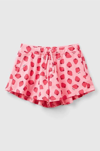 United Colors of Benetton Kız Çocuk Kırmızı-Pembe Tamamı Desenli Beli Büzgülü Geniş Kesim Mini Şort