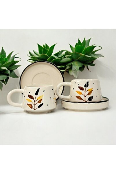 İlbay Çini Takı كوب سحق سيراميك لشخصين - كوب زجاجي مع طبق، كوب قهوة مزدوج