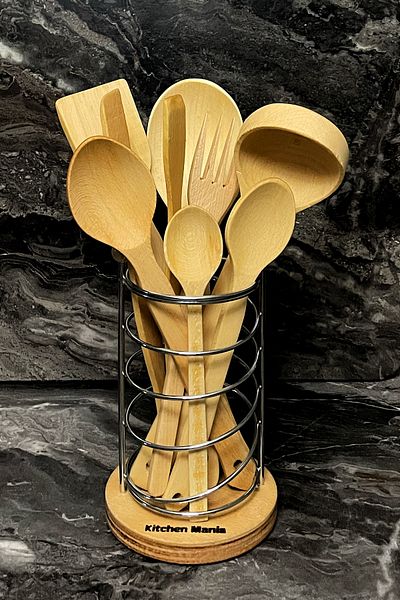 Kitchen Mania 9 Piece Pro Beech Wooden Spoons Set-With Metal Stand-Wooden Spatula Serving Ladle Wood Fork Tongs Set