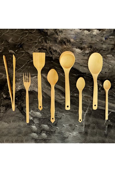 Kitchen Mania طقم ملاعق خشب زان احترافي مكون من 9 قطع - مع حامل معدني - ملعقة خشبية لتقديم مغرفة شوكة خشبية