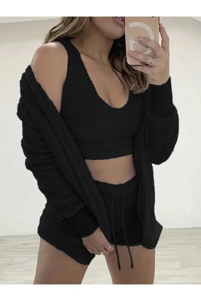 Modayakamoz Kadın Uzun Kollu Ceket, Askılı Peluş Bluz Ve Şort Üçlü Takım
