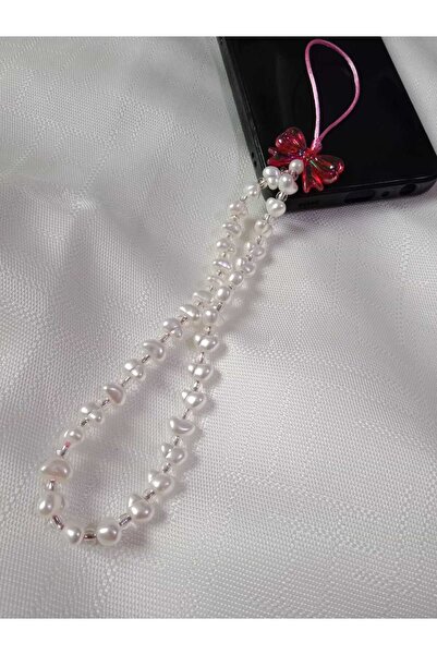 MODA MANANI Beyaz İnci Pembe Fiyonk Telefon Charmı, Telefon Askısı