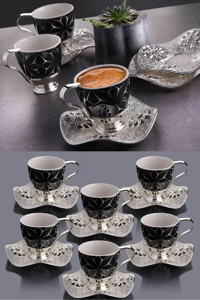 BİTERSE 6 Kişilik Lüks Siyah Yıldız Desenli Gümüş Renk Kahve Fincan Takımı Nisa Kahve Seti