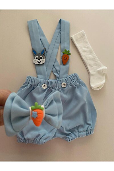 tubibebe 3-Piece Baby Blue Tooth Wheat Concept Shorts Salopet + Bow Tie + Socks Set