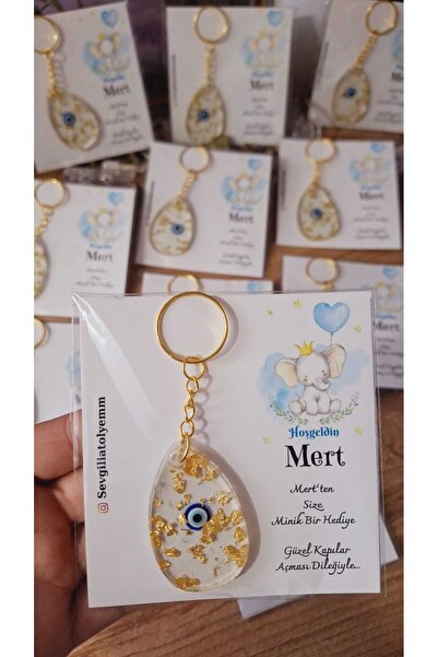 SevgiliAtolyemm Fil Kartlı Nazarboncuklu Anahtarlık 5 Adet Babyshower Bebek M...