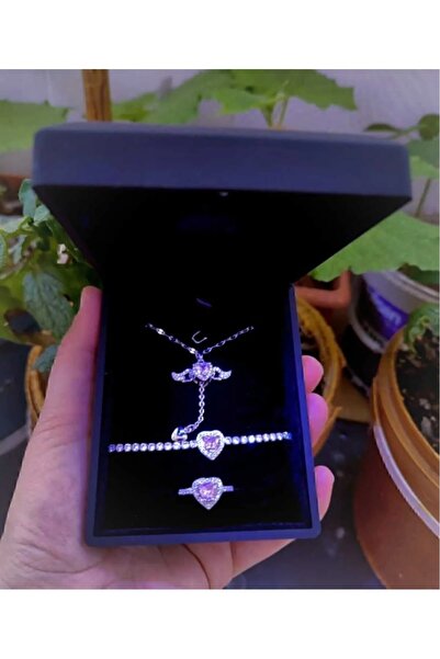 HKN AVM ACCESSORİES 14 Şubat Sevgililer Günü Işıklı Kutuda kalpli Yüzük Kanatlı Kolye bileklik doğum günü hediyesi