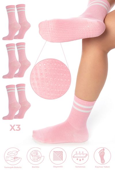 SAYSEZ Pink Silicone Printed Bamboo Socks for Women - Anti-Slip Sole, Pilates Yoga Fitness, Dance Activity, Tennis 3-Piece Set