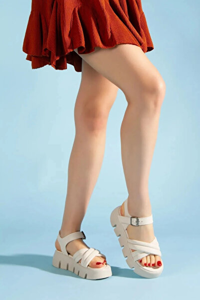 simethrift Sandale de damă bej cu bretele încrucișate cu talpă moale