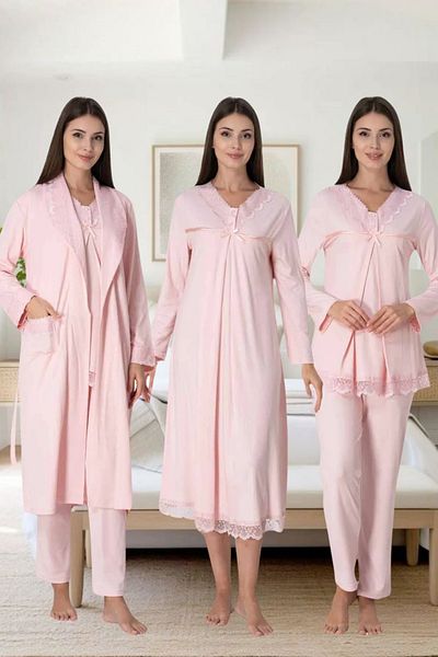 Effortt Primum 4-Piece Maternity Sleepwear and Dressing Gown Set - Lace Detail, Elegant Design