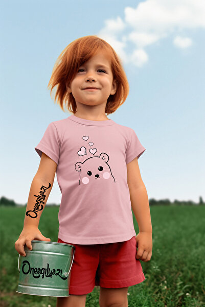 oneagılyazı Heart Bear Printed Girl's Oversize T-Shirt