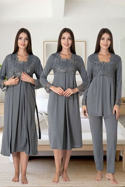 Effortt Elegant Lace Detailed Maternity & Maternity Sleepwear & Dressing Gown Set - Primum 4 Pieces