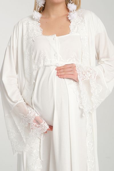 Effortt Elegant Lace Detailed Maternity & Maternity Sleepwear & Dressing Gown Set - Primum 4 Pieces