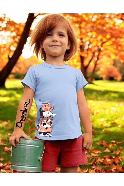 oneagılyazı Тениска с уголемен принт за момичета с котешки с принт (Sequential)