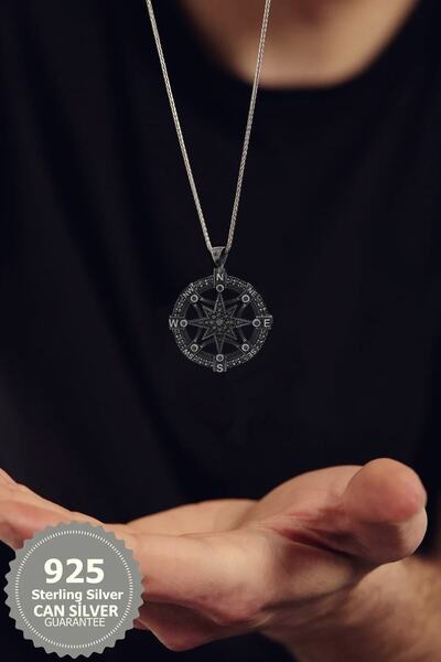 CAN SİLVER 925 Ayar Gümüş Zirkon Taşlı Pusula Erkek Kolye