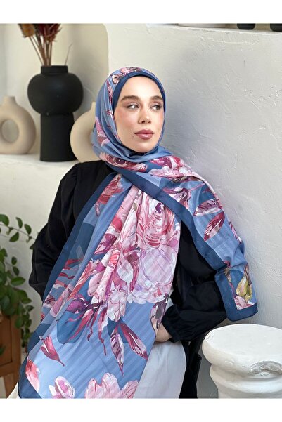 Modakaşmir Σάλι από μπαμπού με ρίγες με σχέδιο Azalea - Μπλε ναυτικό