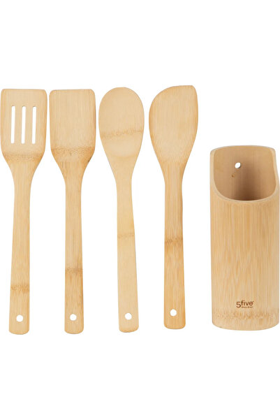 Rapt Standlı Ahşap Bambu Kaşık Çatal Kevgir Kepçe Servis Seti Bambu Servis Seti