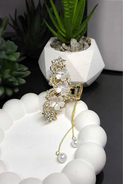 Öze Aksesuar Metal Pearl Tassel Buckle Pegs - Dangle Flower Detailed