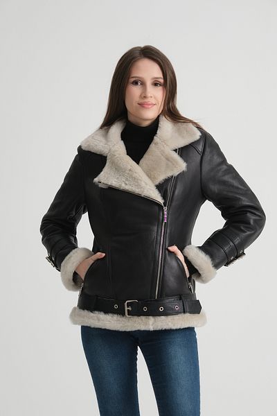 By Marki Marki Black Genuine Leather Coat, White Inside, Belted Details, Chic Elegance - 70 cm