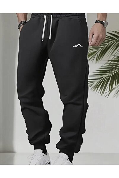 caddekombin Men's Mountain Printed Jogger Comfort Fit Fit Black Sweatpants