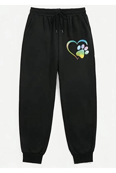caddekombin Women's Paw Heart Printed Jogger Comfort Fit Fit Black Sweatpants