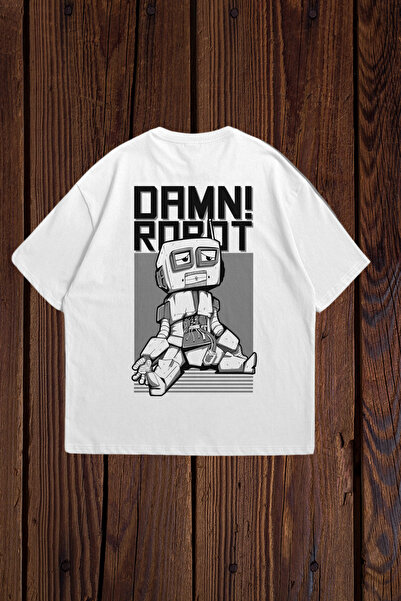 Wish BF تي شيرت DAMN ROBOT مطبوع كبير الحجم