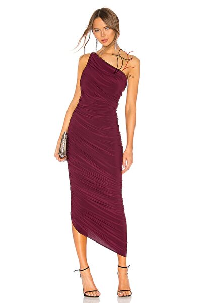 DİDVAKE Kadın Bordo Drapeli Büzgülü Astarlı Midi Elbise