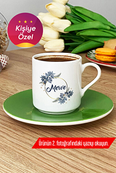Hedizu Kişiye Özel Çiçekli İsim Yazılı Türk Kahvesi Fincanı Yeşil Doğum Günü ...