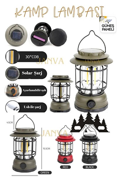 Janva Güneş Panelli Enerjili Solar Nostaljik Ledli Kamp Feneri Lamba Işıldak ...