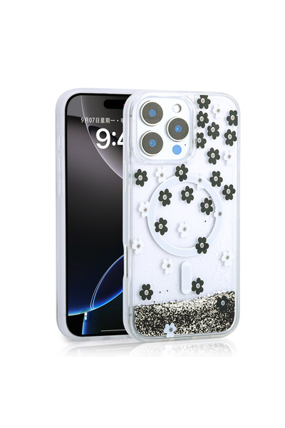 zore iPhone 15 Pro Max Case Liquid Glitter Printed Transparent Back Surface M...