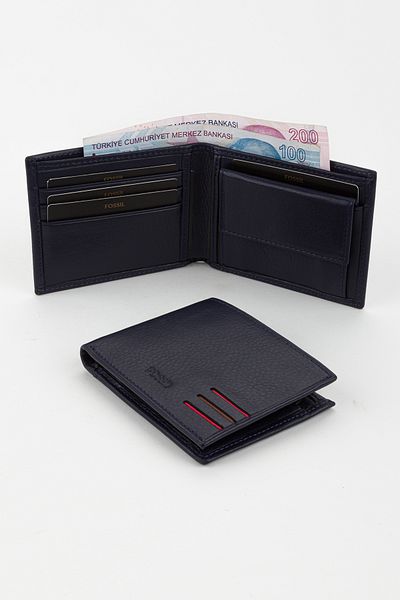 Fossil Boxed Genuine Leather Horizontal Navy Blue Hand Portfolio Card Holder Wallet