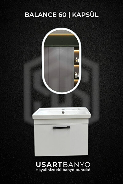 USART BANYO Balance 60 Cm Beyaz Banyo Dolabı Kapsül Beyaz Led Ayna 80*45