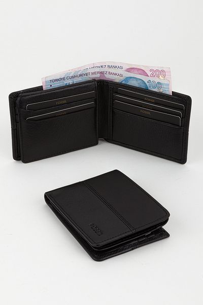 Fossil Boxed Genuine Leather Horizontal Stitching Black Hand Portfolio Card Holder Wallet