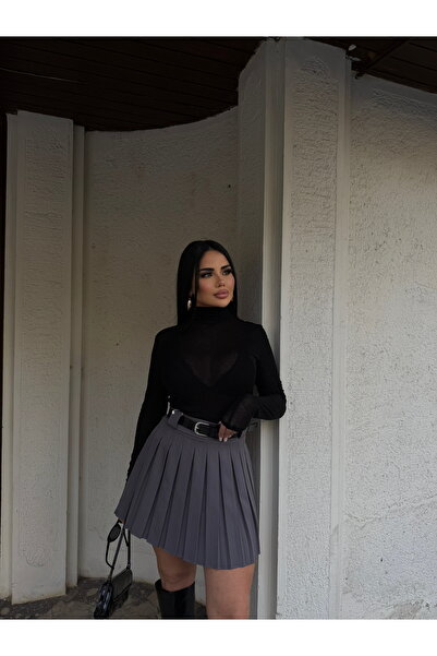 LB Laluna Butik Fusta de damă gri închis cu talie înaltă plisată cu curea