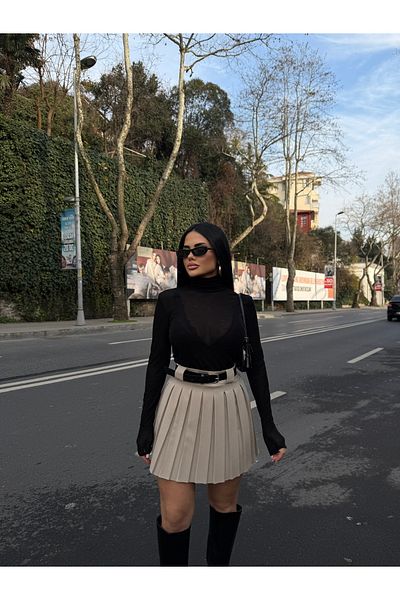 LB Laluna Butik Γυναικεία Μπεζ Ψηλόμεση Πλισέ Φούστα με Ζώνη