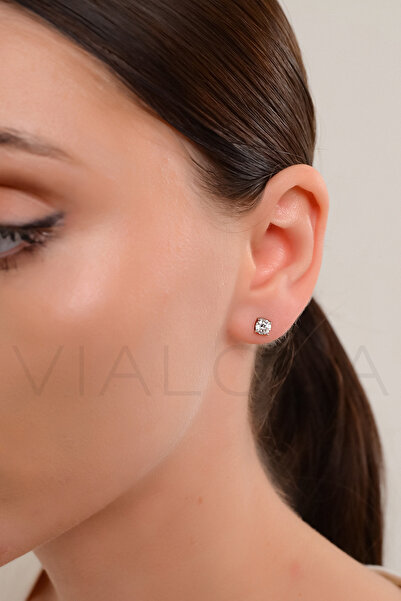 VIALOSA Altın ve Gümüş Renkli Zirkon Tek Taşlı Çelik Kadın Küpe