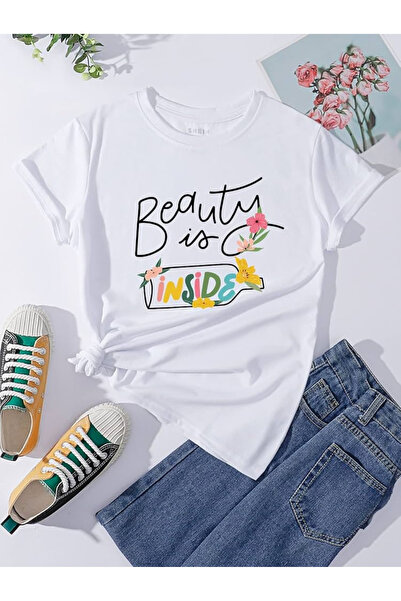 FECCY Tricou supradimensionat din bumbac cu imprimeu „Beauty is Inside”