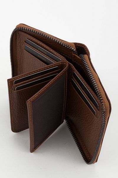 Fossil Boxed Genuine Leather Tan Zippered Hand Portfolio Card Holder Wallet
