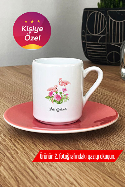 Hedizu Kişiye Özel Flamingo Baskılı Türk Kahvesi Fincanı Pembe  L0J Y8W