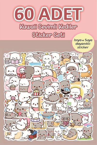 Piksel Grafik 60Pcs Anime Cats Sticker Set - Waterproof, Planner Laptop Phone Notebook