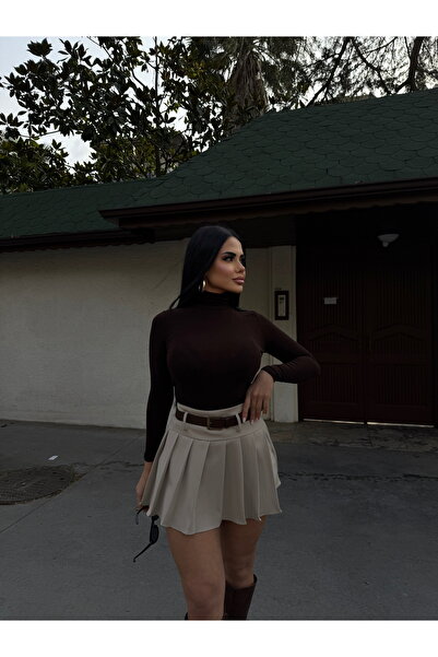 LB Laluna Butik Kadın Bej Kemer Detaylı Piliseli Içi Astar Şortlu Etek